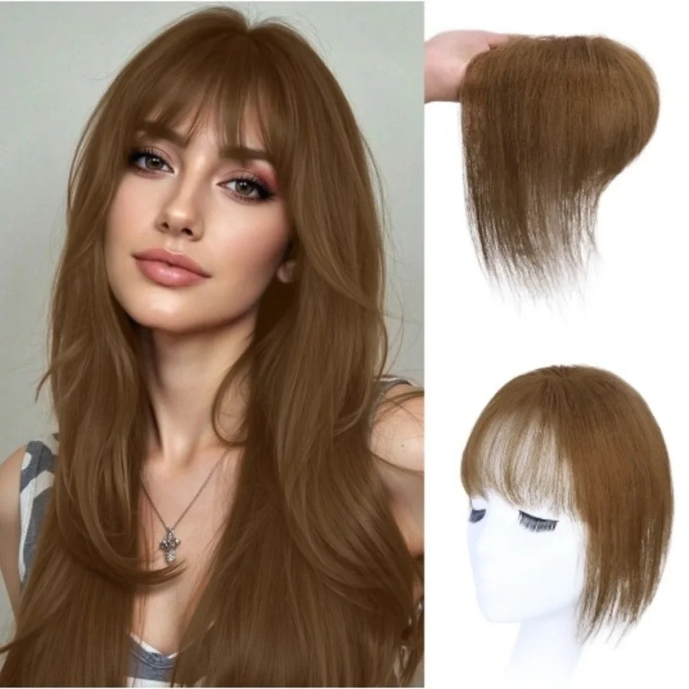 WECAN Brown‎ Hair Topper 100% Human Hair 10in 3D Bangs Clip In Hairpiece 7*9-4#